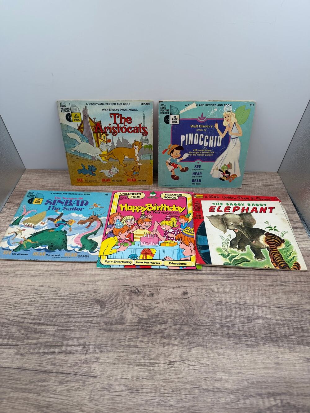 Vintage Disneyland Read Along Book/Record Lot-Aristocats Pinocchio Sinbad Saggy